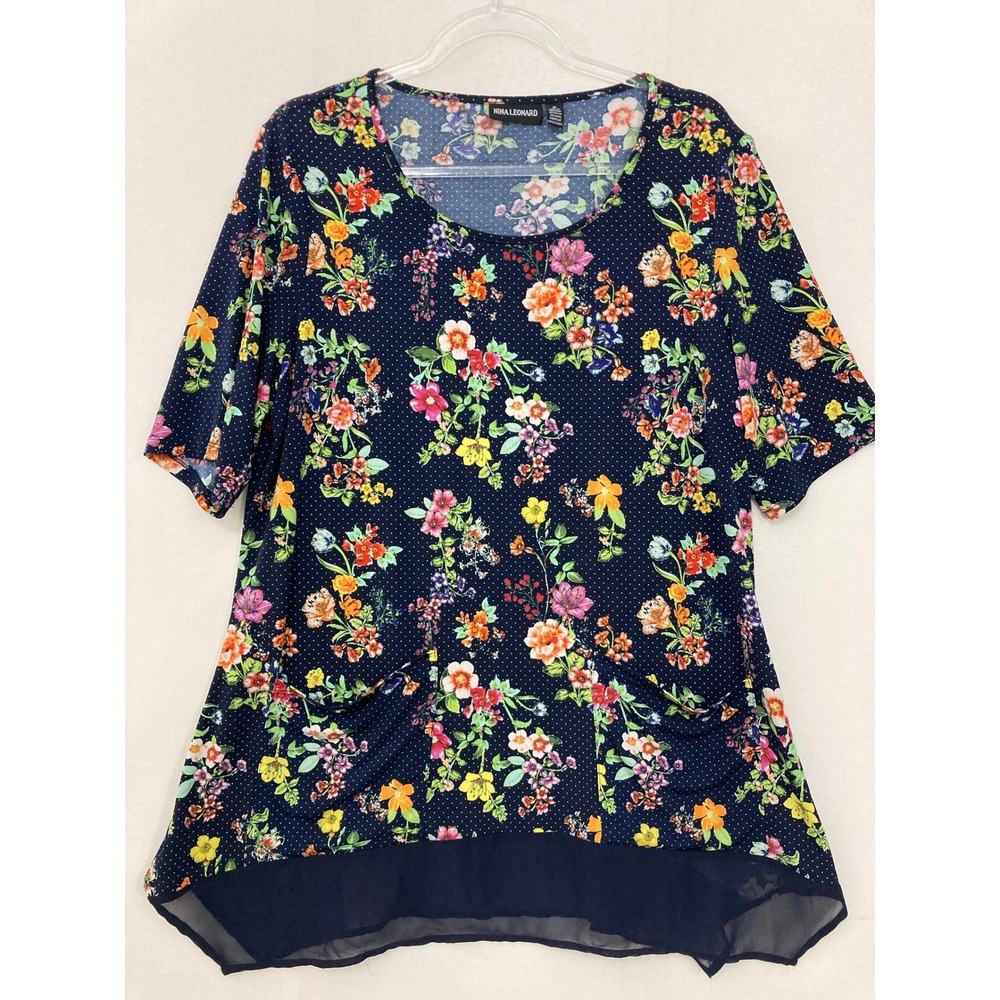 Nina Leonard Top 1X Navy Multi Floral Polka Dot Chiffon Hem Soft Flowy